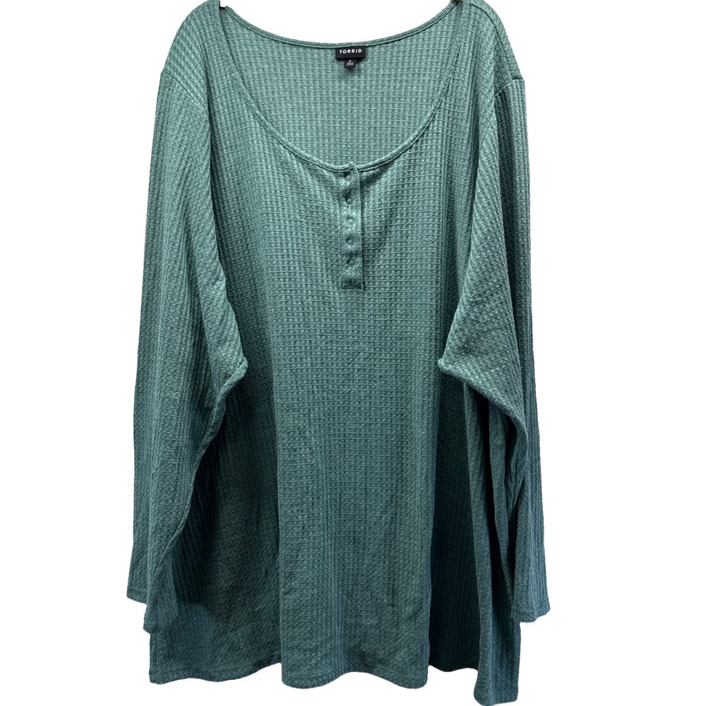 Torrid Women's Waffle Knit Top Size 6X Solid Green Buttons Pullover Long Sleeves